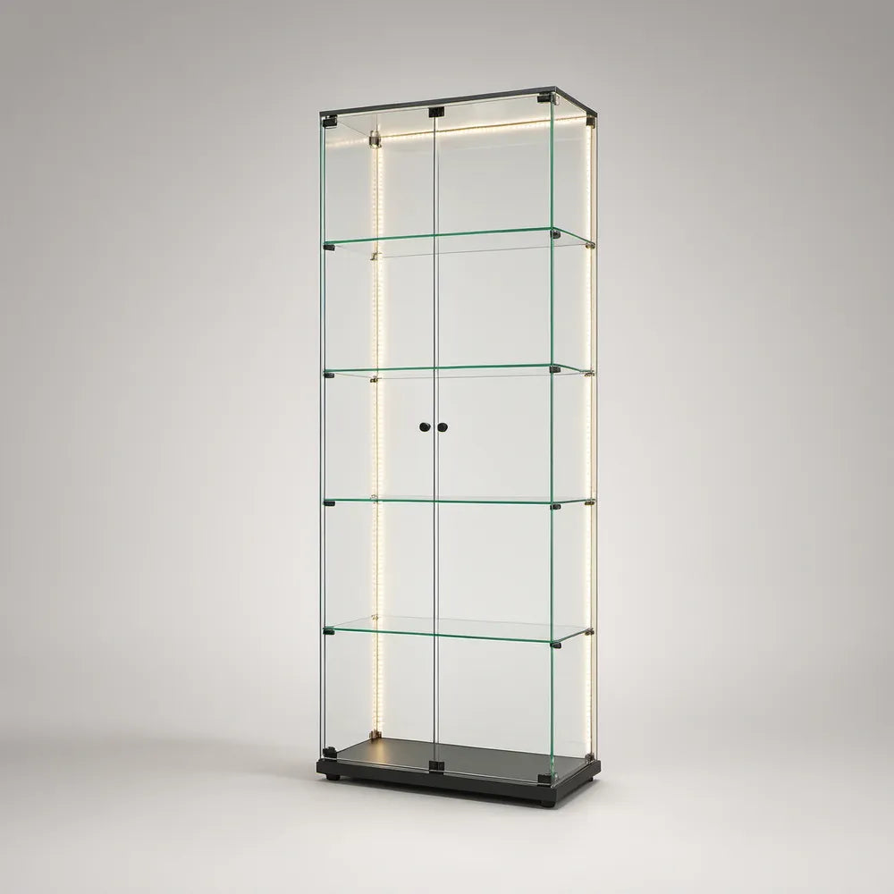 Prosklená vitrína s LED osvětlením, čirá/černá, 80 × 40 × 180 cm