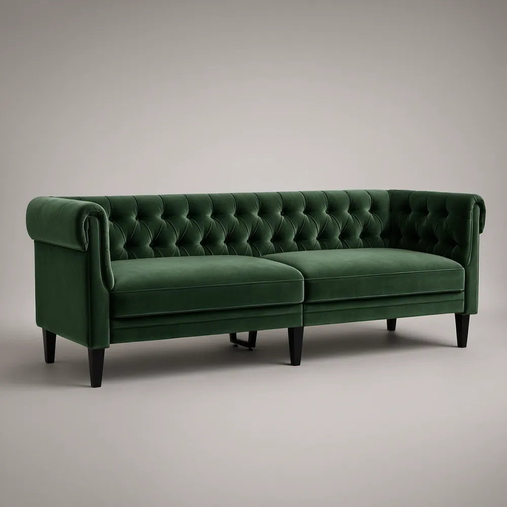 Třímístná pohovka Chesterfield ze sametového polyesteru, tmavě zelená, 210 × 85 × 76 cm