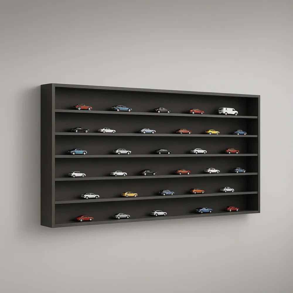 Nástěnný otevřený organizér pro modely aut, 100 × 60 × 8 cm, černý